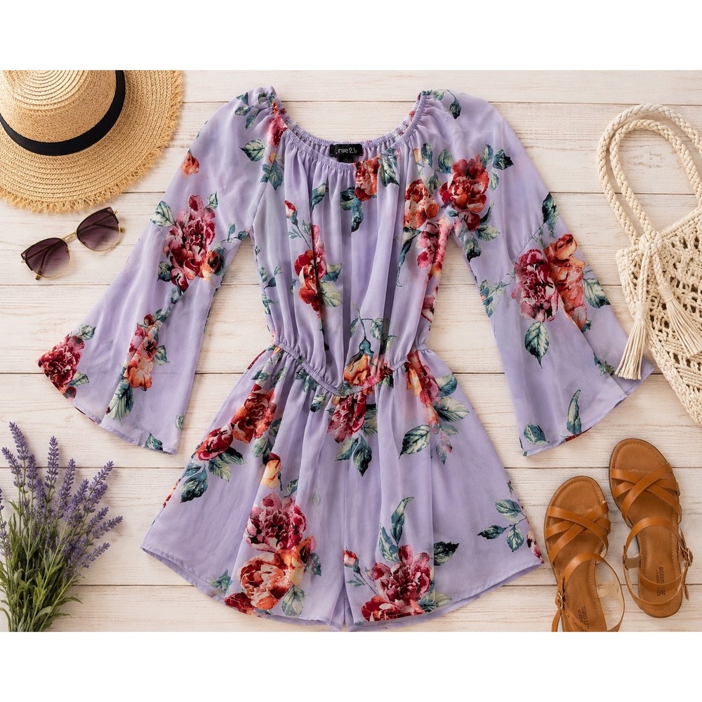 rue21 lavender Floral romper Bell Sleeve size S Purple pastel Boho Cottagecore